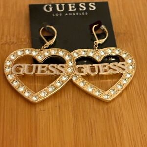 NEW GUESS heart Rhinestones Earrings 1.75” Gold Tone Logo